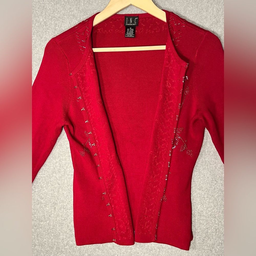 Holiday Beaded Sweater Cardigan Red Sz M 6 8 Sparkle Christmas Hostess Holiday - Picture 5 of 10